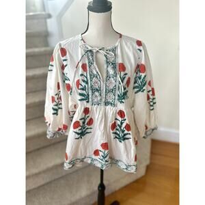 Boho Indian Block Print White Orange Green Marigold Puff Sleeve Peplum Blouse
